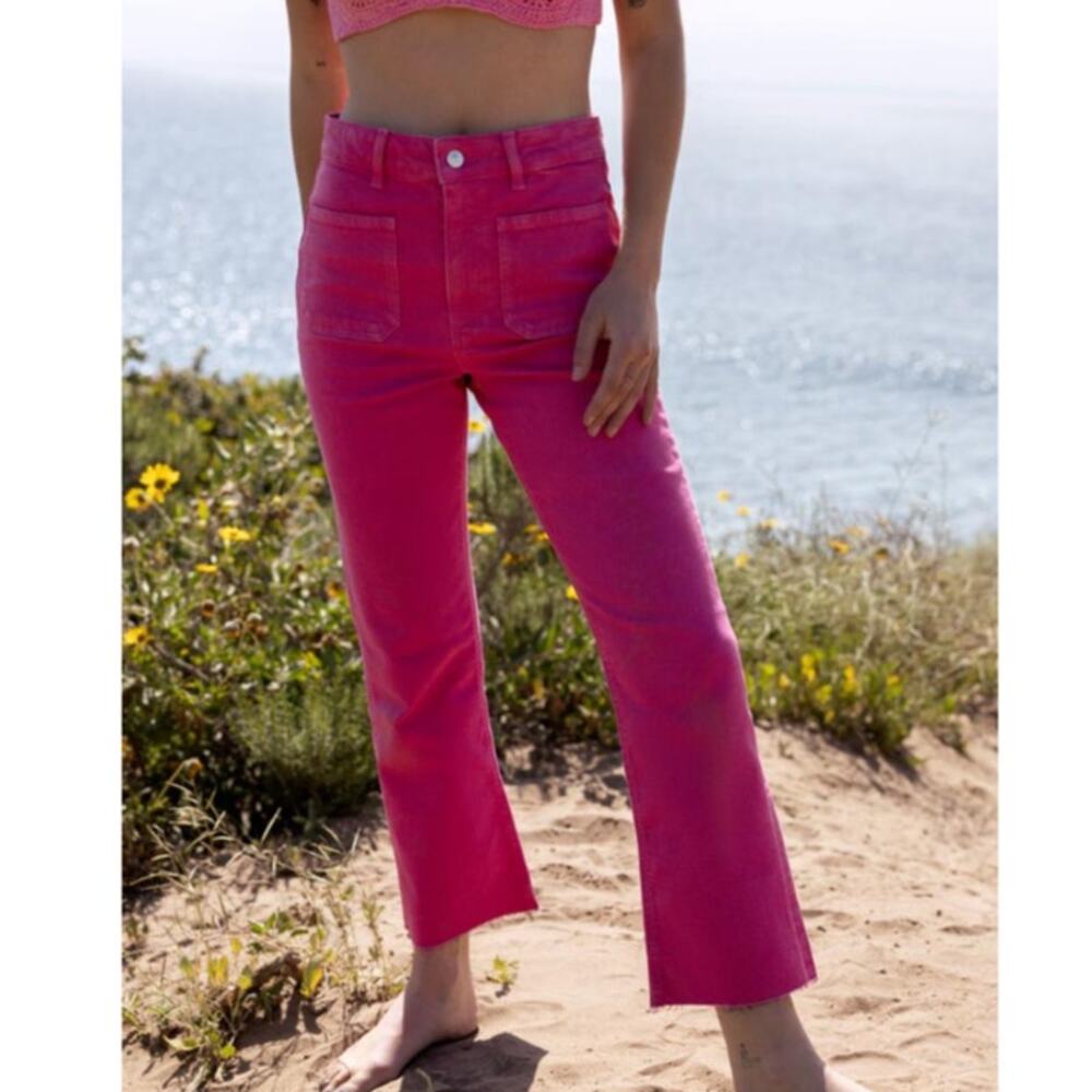 Zara Women’s Raw Hem‎ High Waisted Stretch Cropped Flared Led Jeans Size 2 Pink